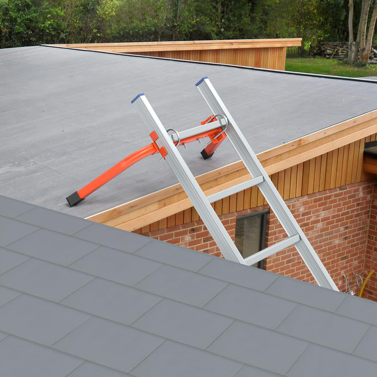 Mr IRONSTONE extension stabilizer rails attachment demonstrates tool-free mounting on ladders.
