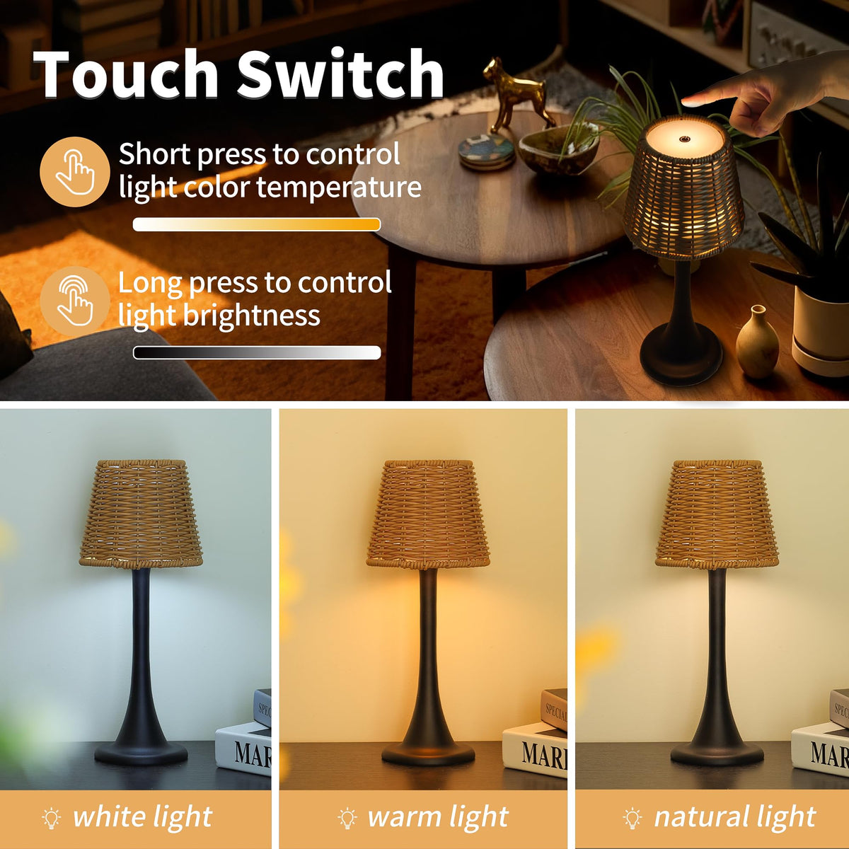 Mr. White cordless table lamp frees arrangement from outlets.