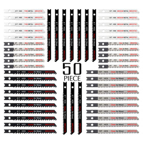 MRCGTCE 50-piece U-shank jigsaw blades set with storage case for organized cutting tools.