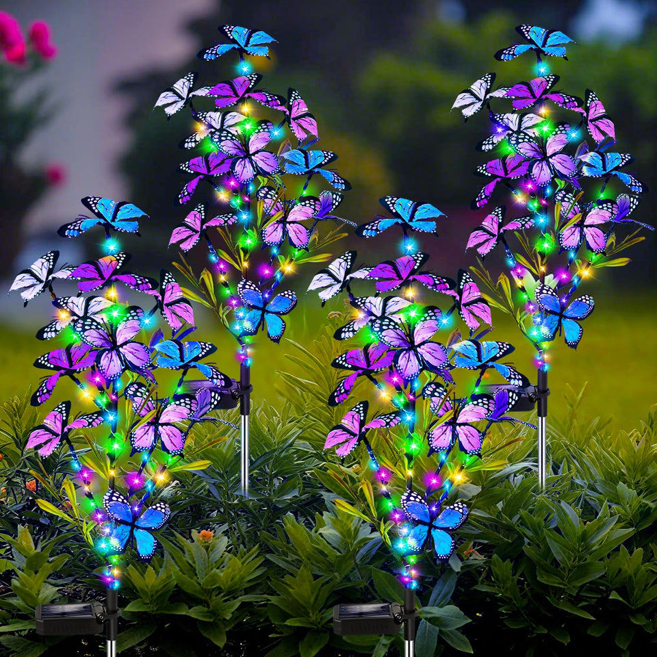 MRHEPHAESTUS solar butterfly lights pack brightens outdoor gardens at dusk.