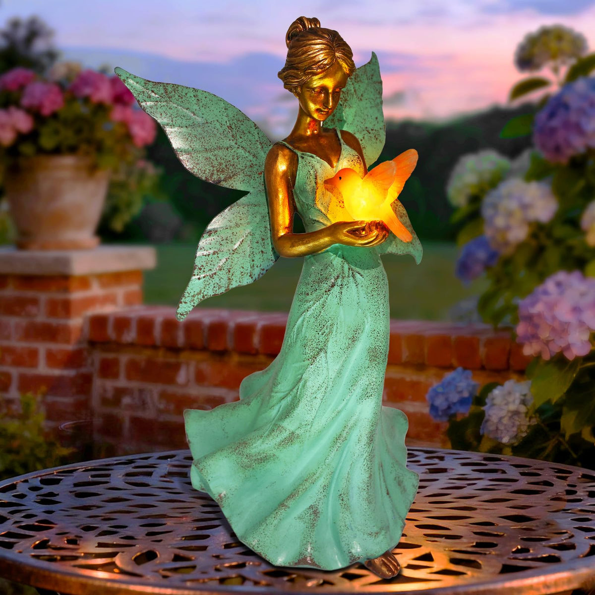 MRHEPHAESTUS solar fairy garden statue angel with hummingbird for outdoor charm