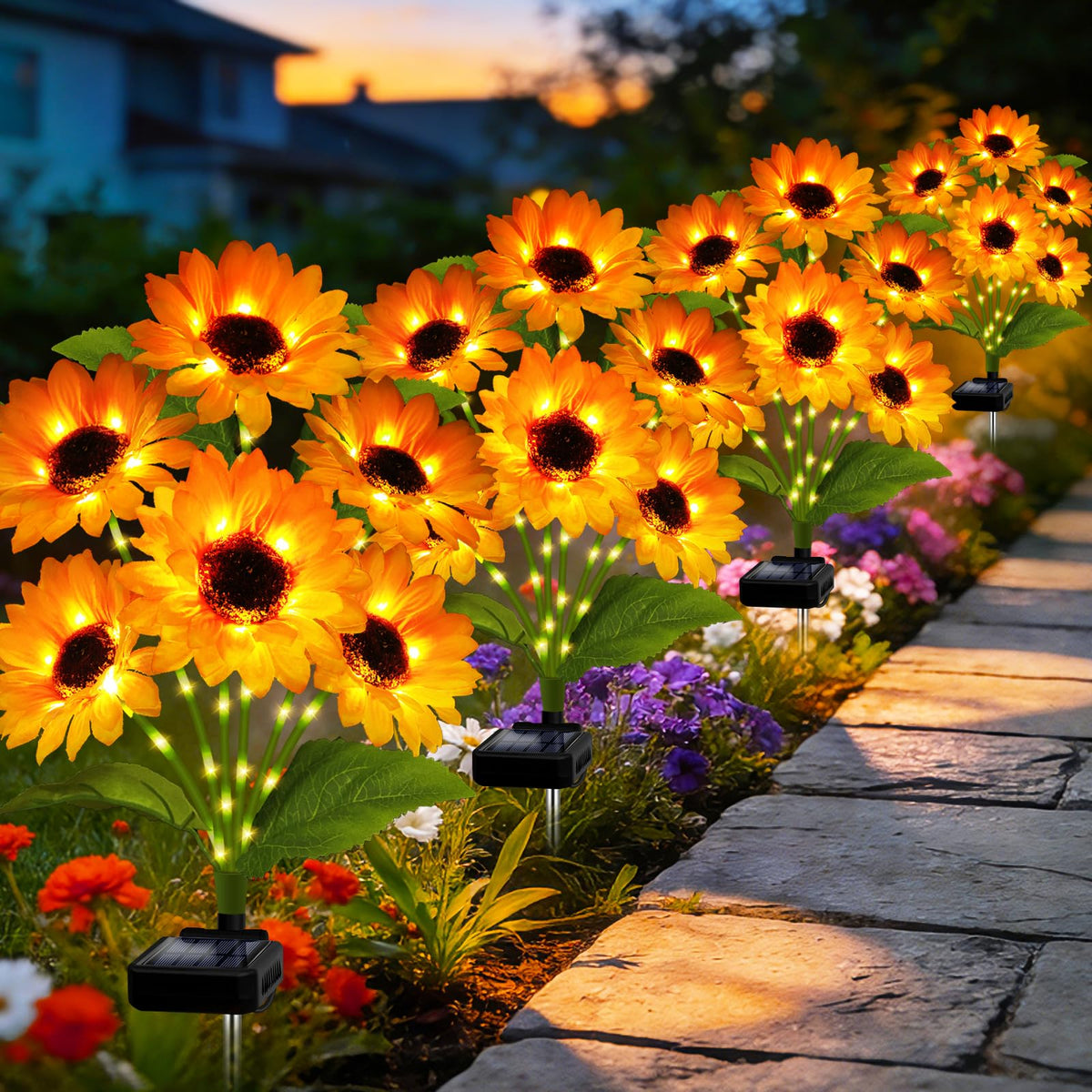 MRHEPHAESTUS solar sunflower bouquet with six heads lights outdoor spaces at dusk.