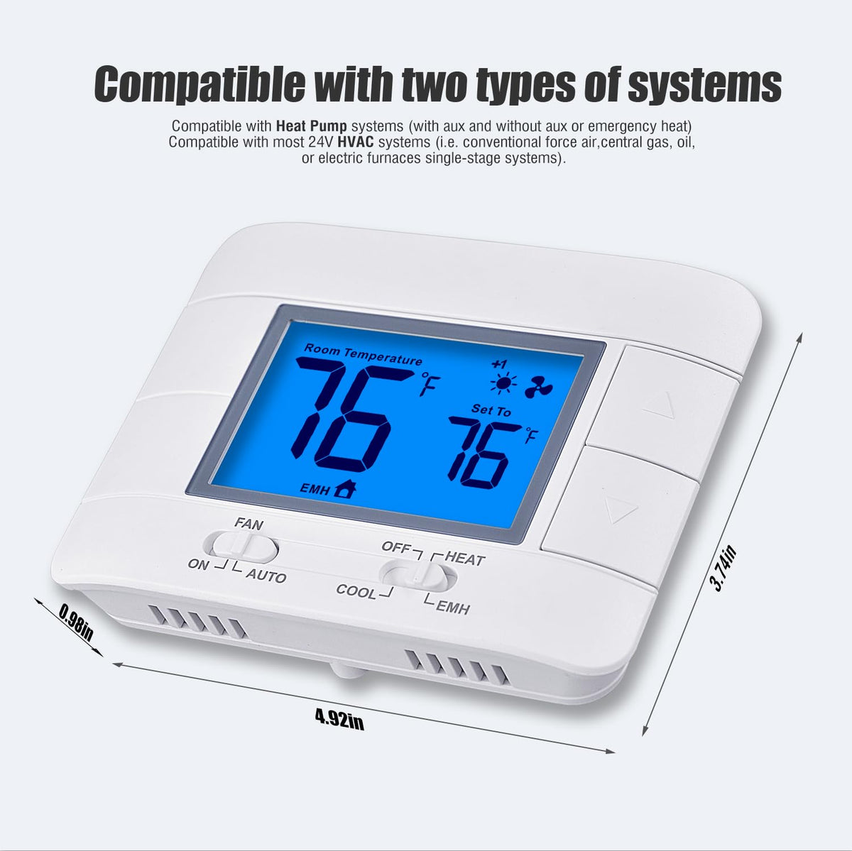 Mroinge thermostat compatible with heat pump systems for efficient control.