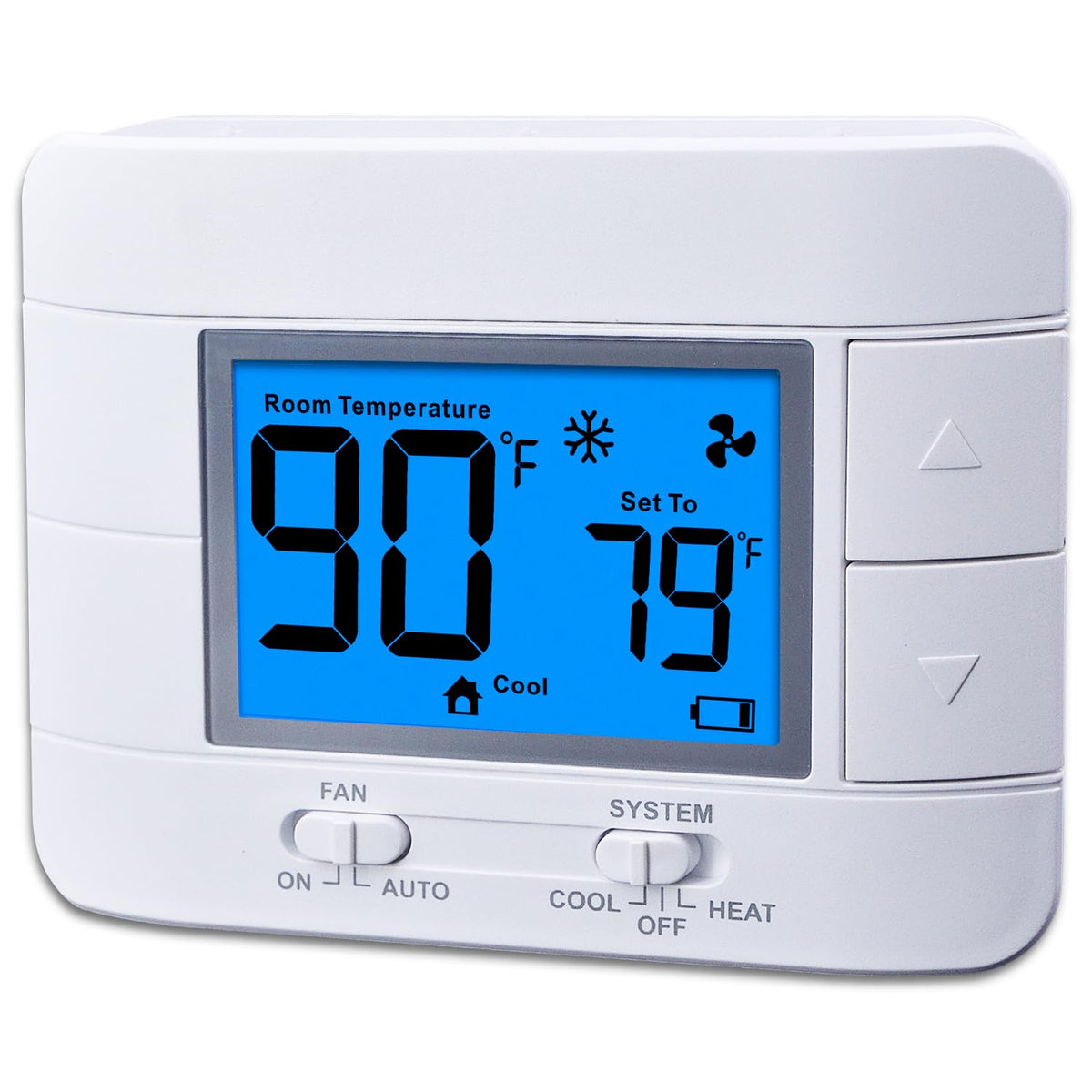 Mroinge thermostat with large blue LCD displays temperature and humidity clearly