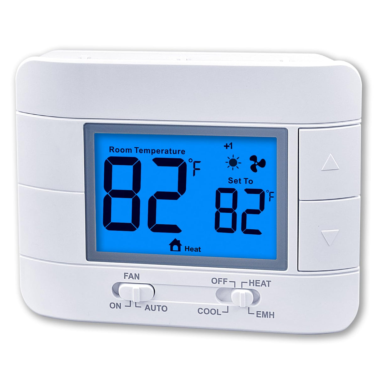 Mroinge thermostat with large LCD display showing room temperature clearly.