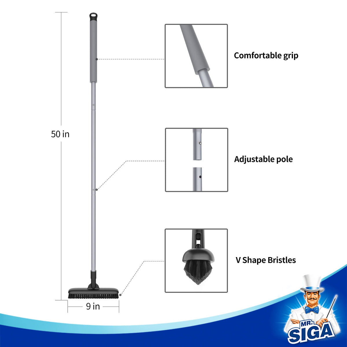 MR.SIGA grout brush in action on shower floor grout and tile edges.
