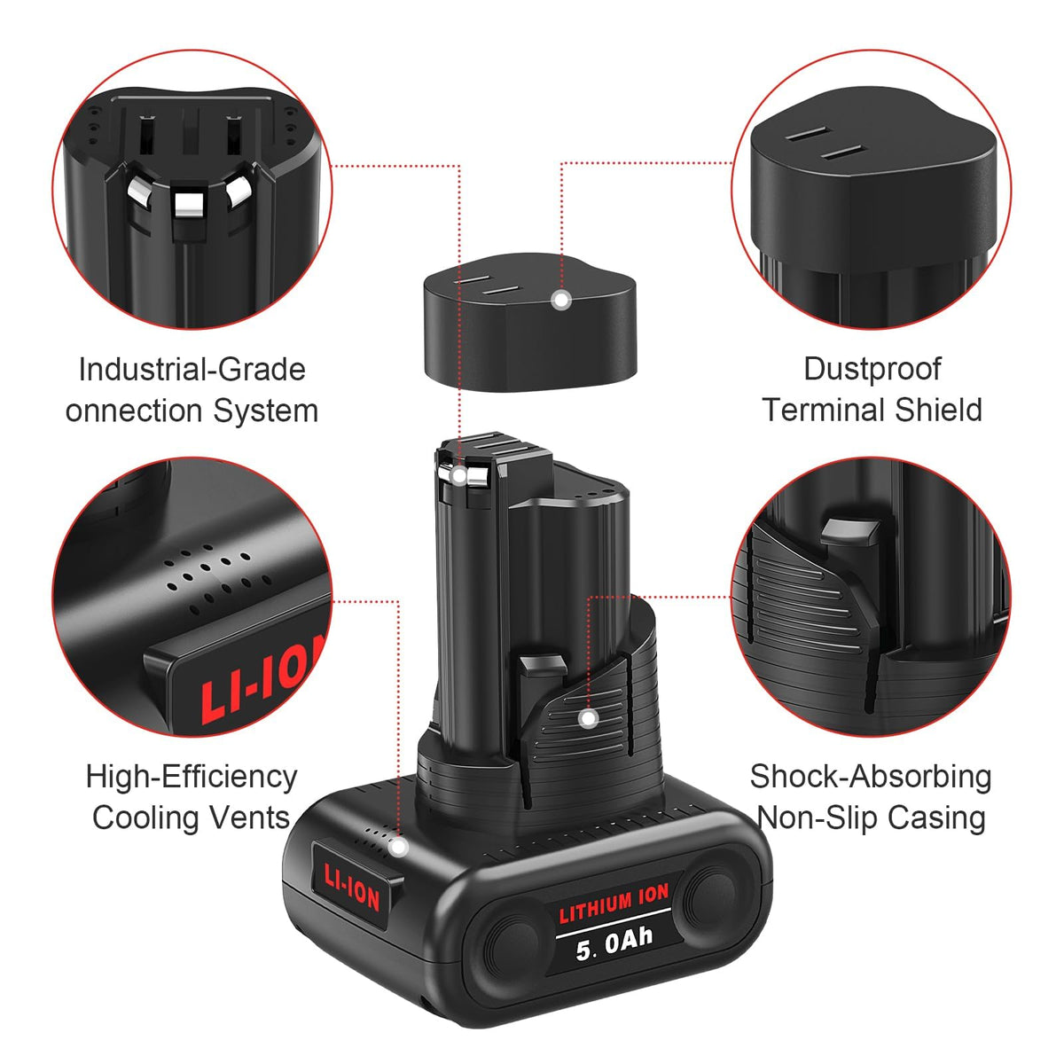 Mrupoo 12V 5.0Ah battery side view with dust-proof cover