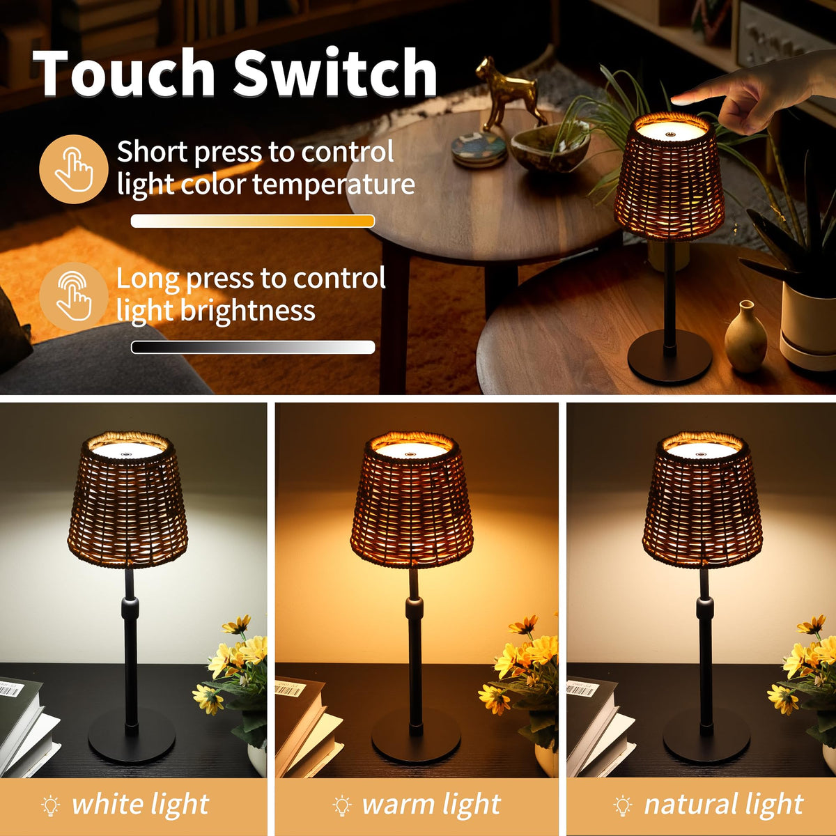 Mr.White outdoor lamp with touch control simplifies dimming and mode changes at a glance.