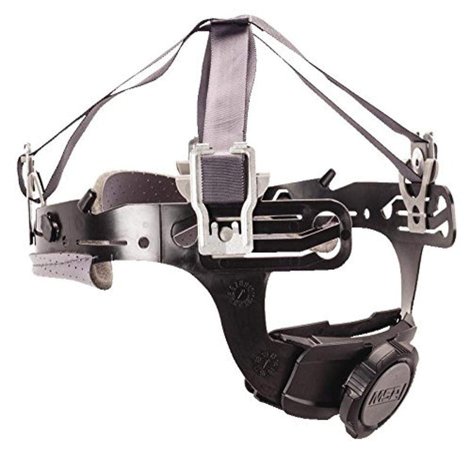 MSA Fas-Trac III suspension close-up showing easy-adjust ratchet for a secure fit