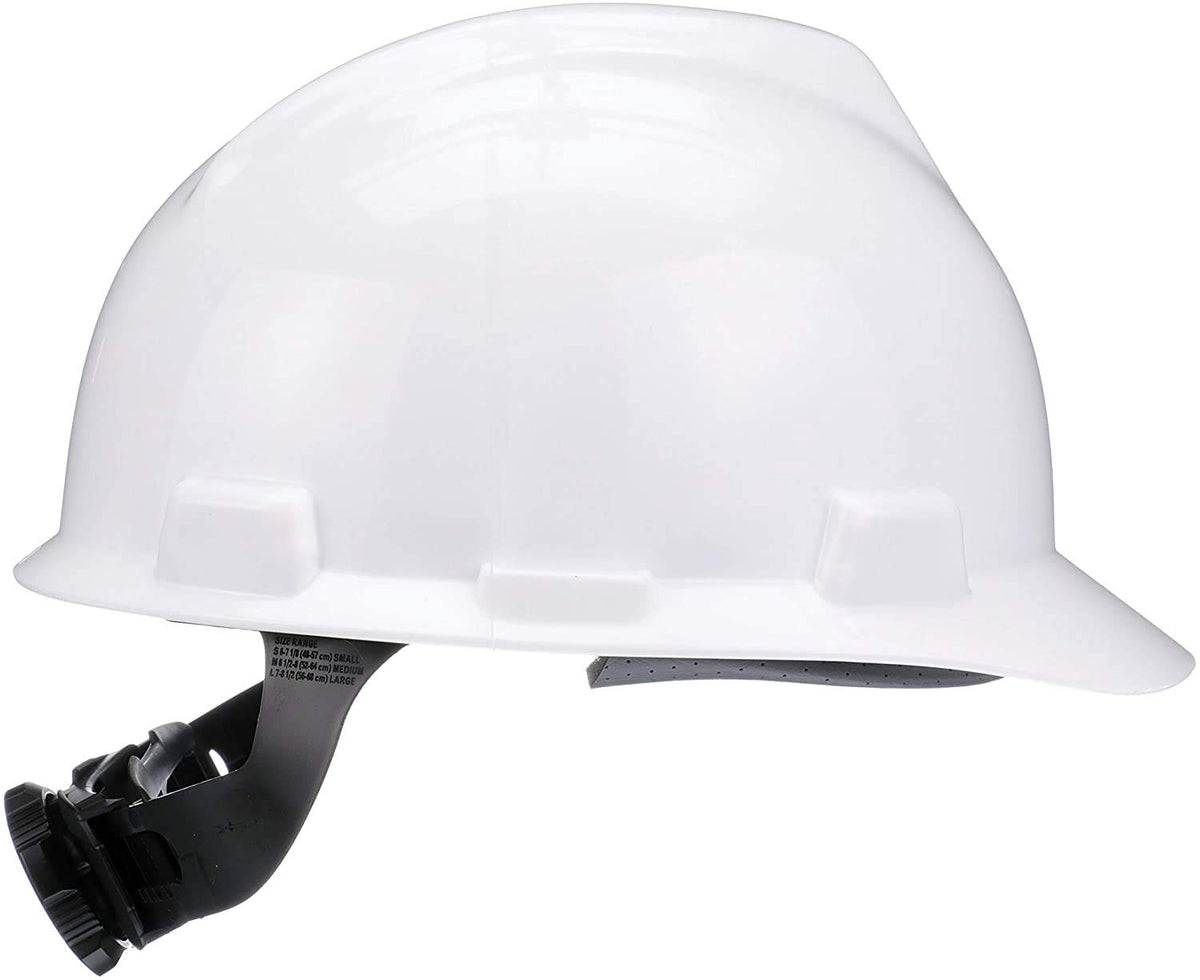 MSA V-Gard white Fas-Trac III close-up highlights adjustable nape strap comfort