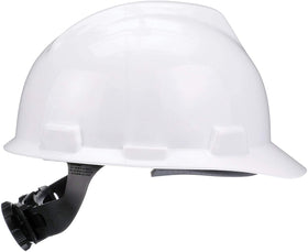 MSA V-Gard white Fas-Trac III close-up highlights adjustable nape strap comfort