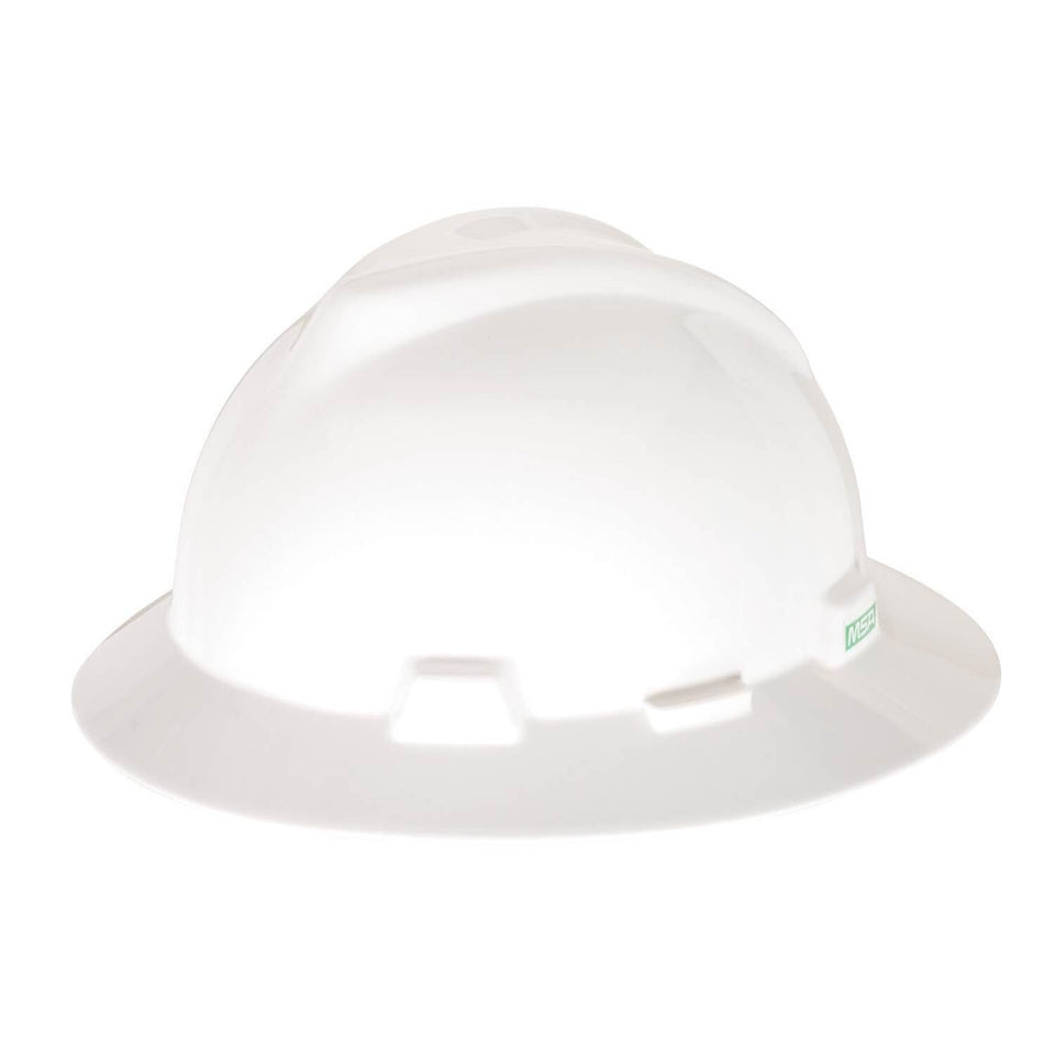 MSA V-Gard white full-brim hat, top view highlights protection and visibility.