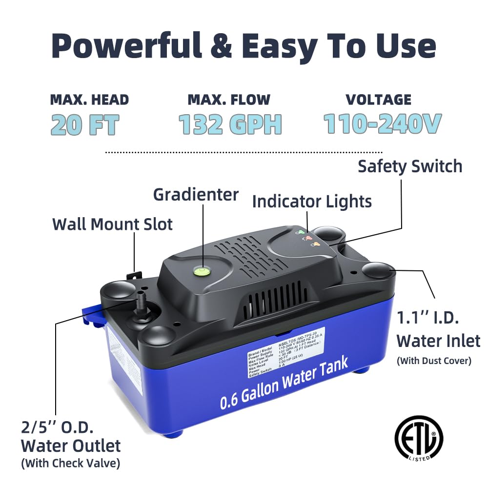 MSELTOS condensate pump with 132 GPH capacity for steady removal.