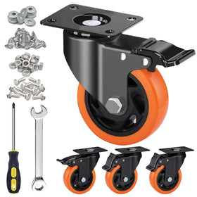 MSH&HCE 4-inch orange caster front view showing sturdy wheel housing and frame.