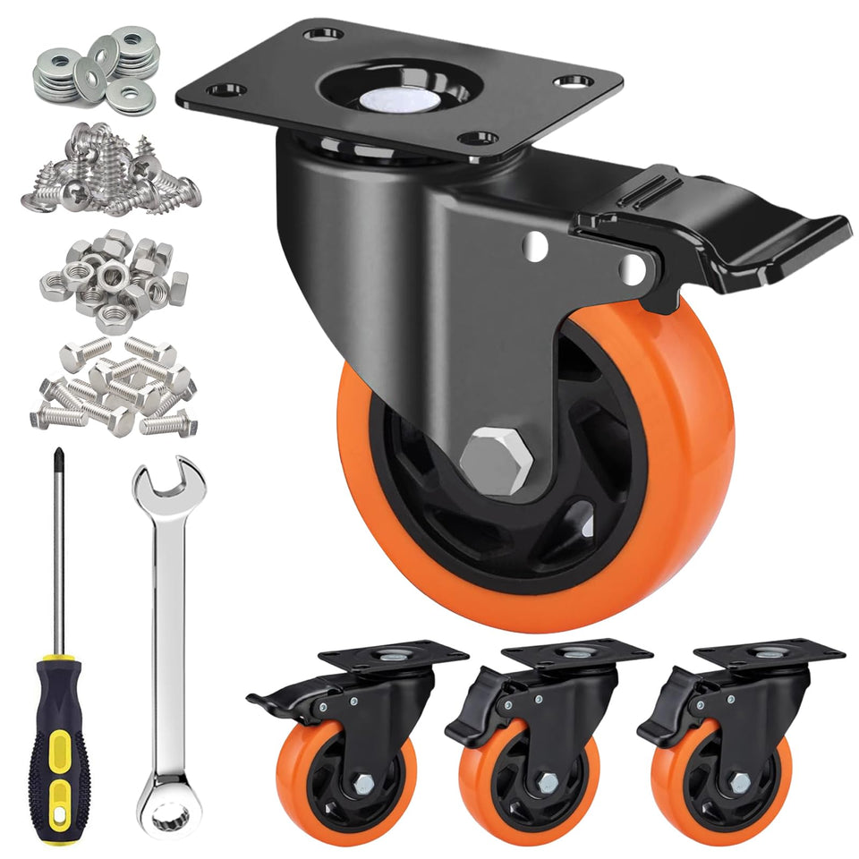 MSH&HCE 4-inch orange caster front view showing sturdy wheel housing and frame.