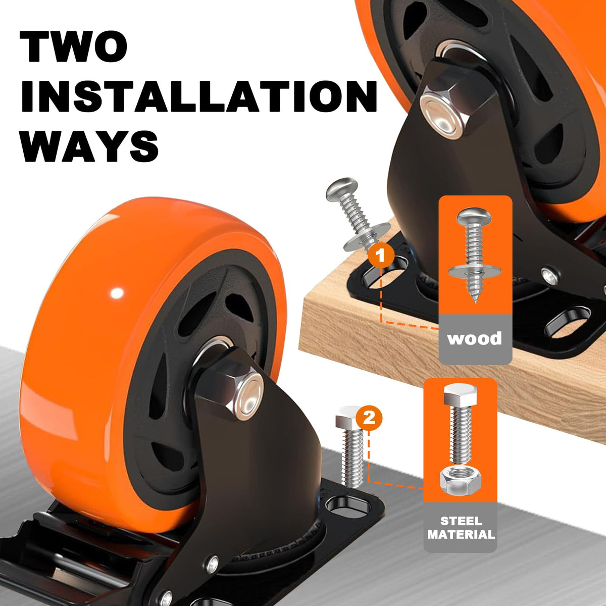 MSH&HCE 4-inch orange caster set with mounting hardware for bolt-on upgrade.