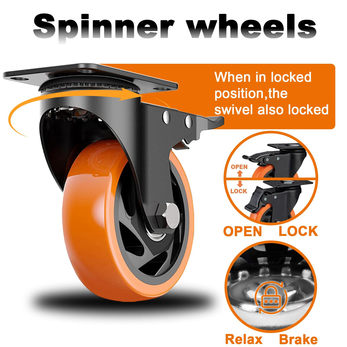 MSH&HCE 4-inch orange caster side view highlighting the mounting plate and hardware.