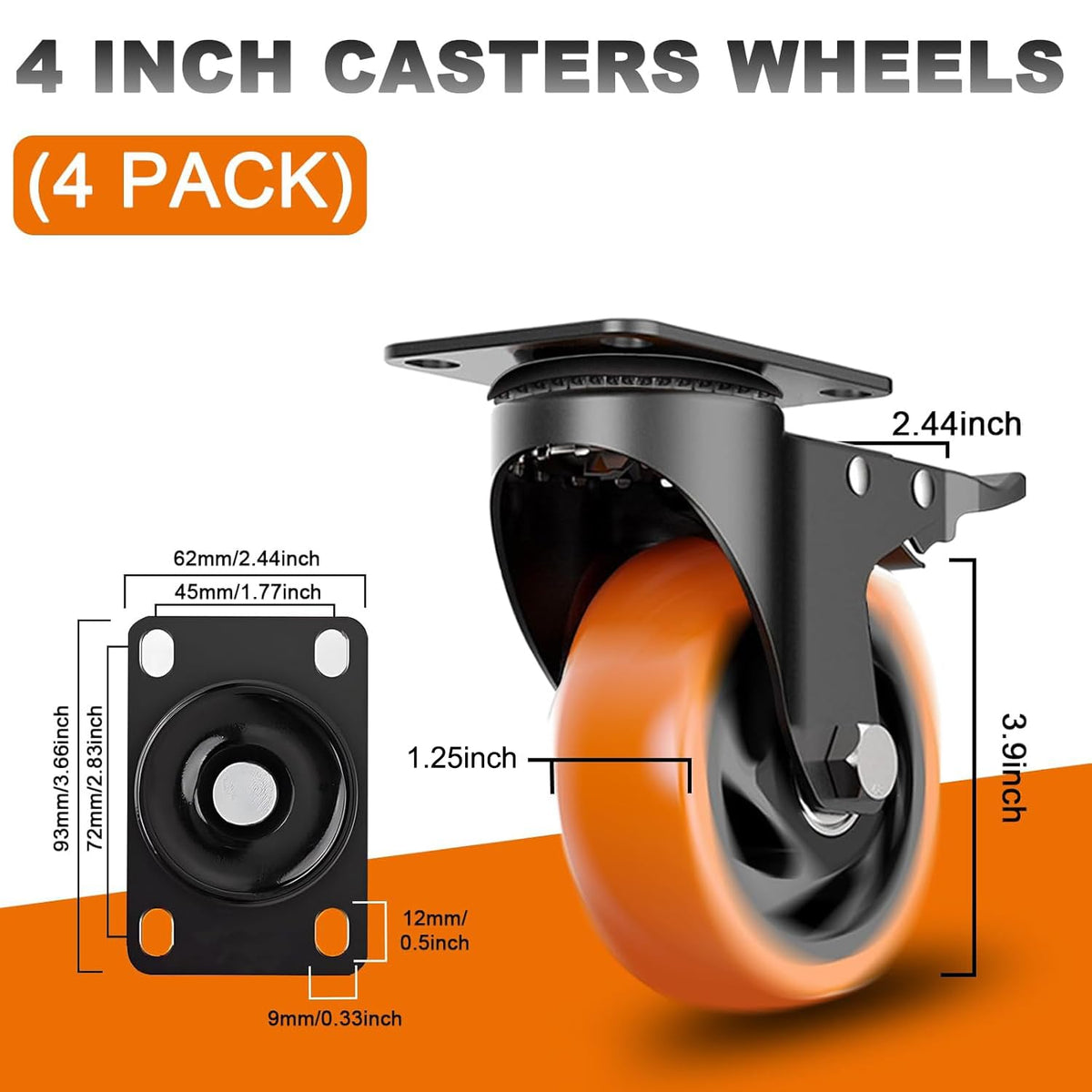 MSH&HCE 4-inch orange caster with dual brake engaged for stability.