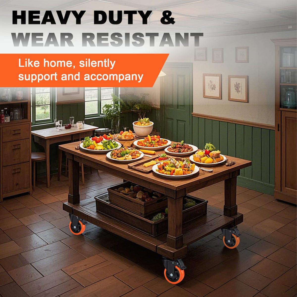 MSH&HCE 4-inch orange caster on a workbench setup demonstrating mobility and control.