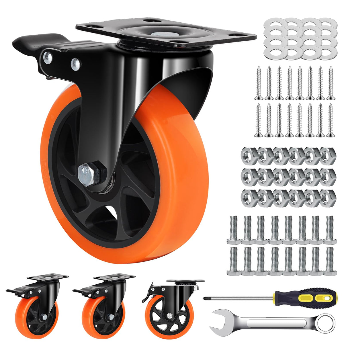 MSH&HCE 5-inch orange caster set on four wheels for heavy-duty industrial carts.