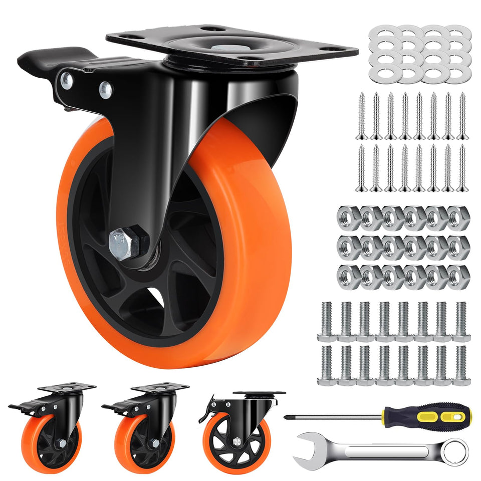 MSH&HCE 5-inch orange caster set on four wheels for heavy-duty industrial carts.