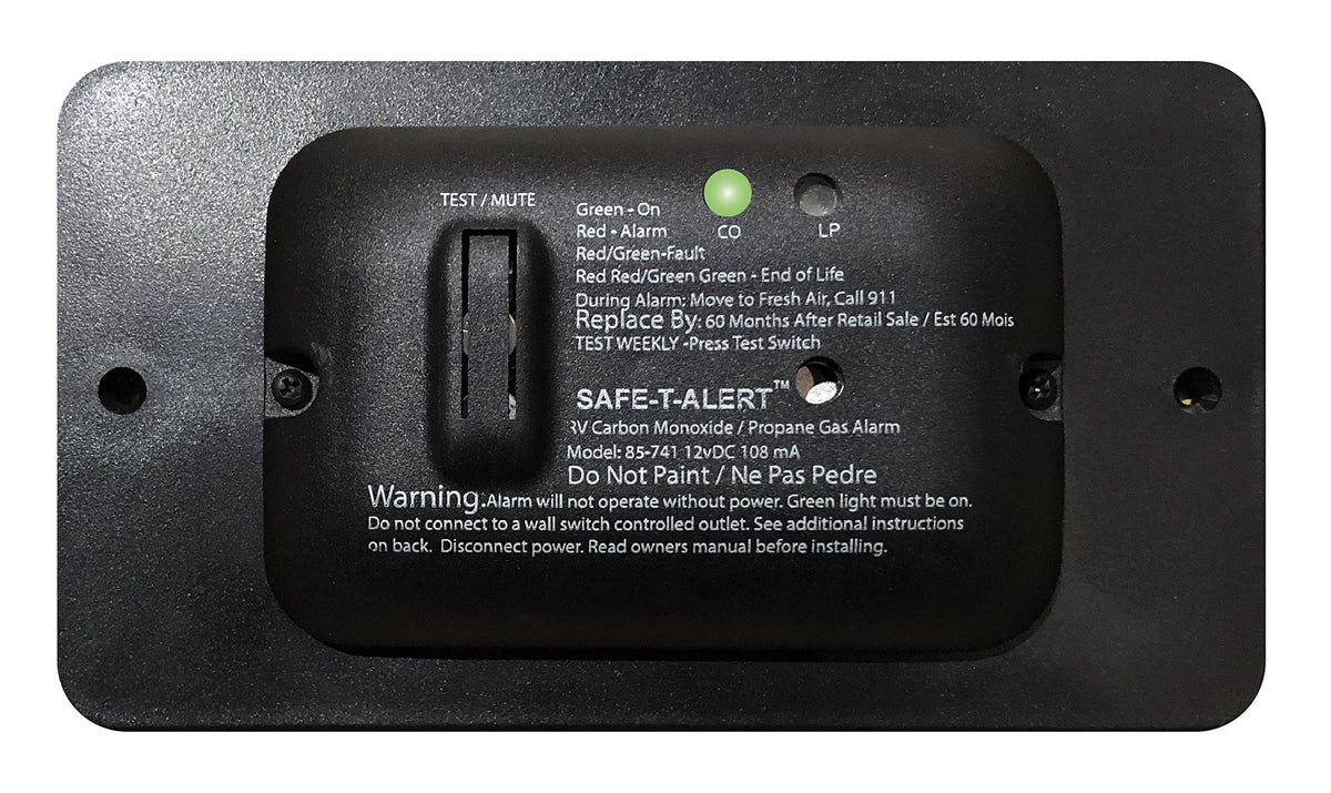 MTI Industry Safe-T-Alert 85 Series CO/propane alarm in black for RV safety.
