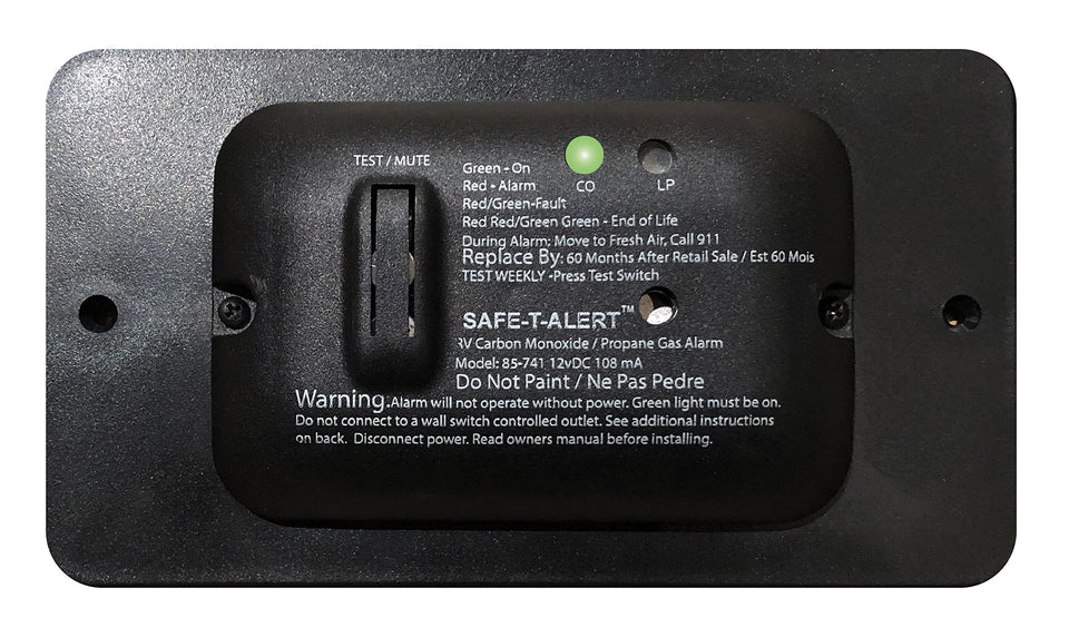 MTI Industry Safe-T-Alert 85 Series CO/propane alarm in black for RV safety.
