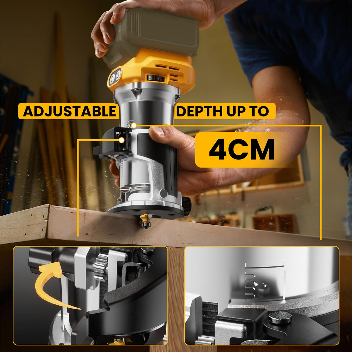 MtiolHig cordless router 6-bits kit enables versatile trimming and details.