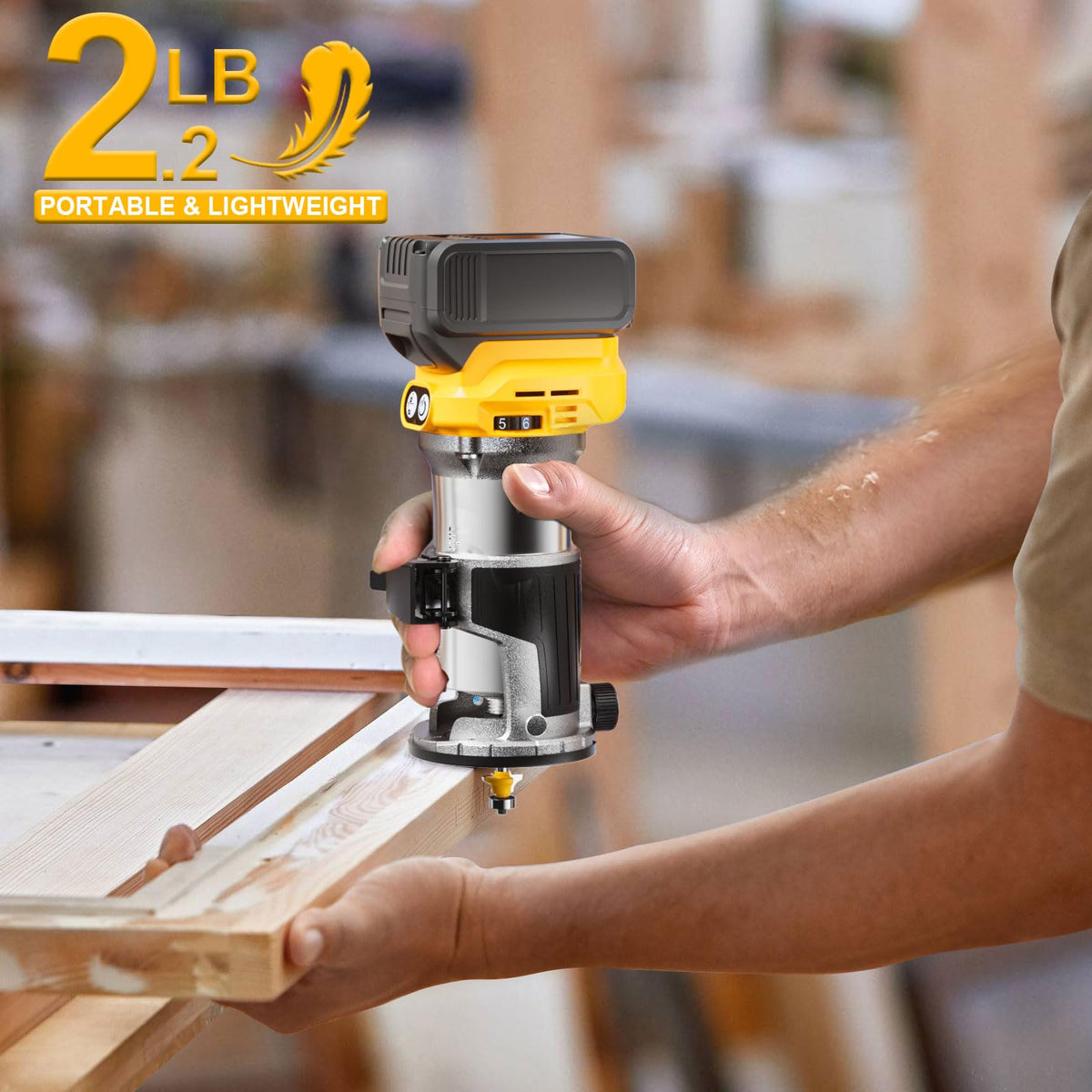 MtiolHig cordless router compatible with DeWalt 20V battery for flexibility.