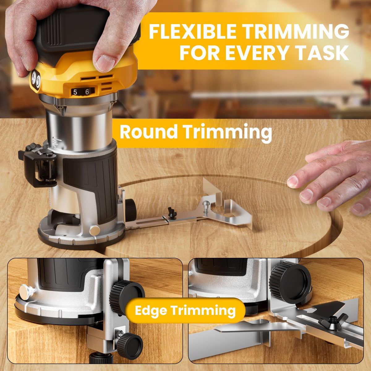 MtiolHig cordless router palm grip image emphasizing ergonomic handling.