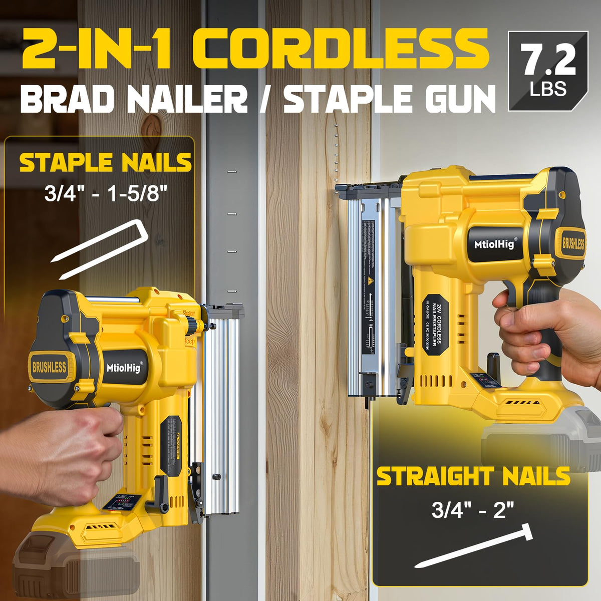 MtiolHig cordless brad nailer uses DeWalt 20V batteries for flexible power.