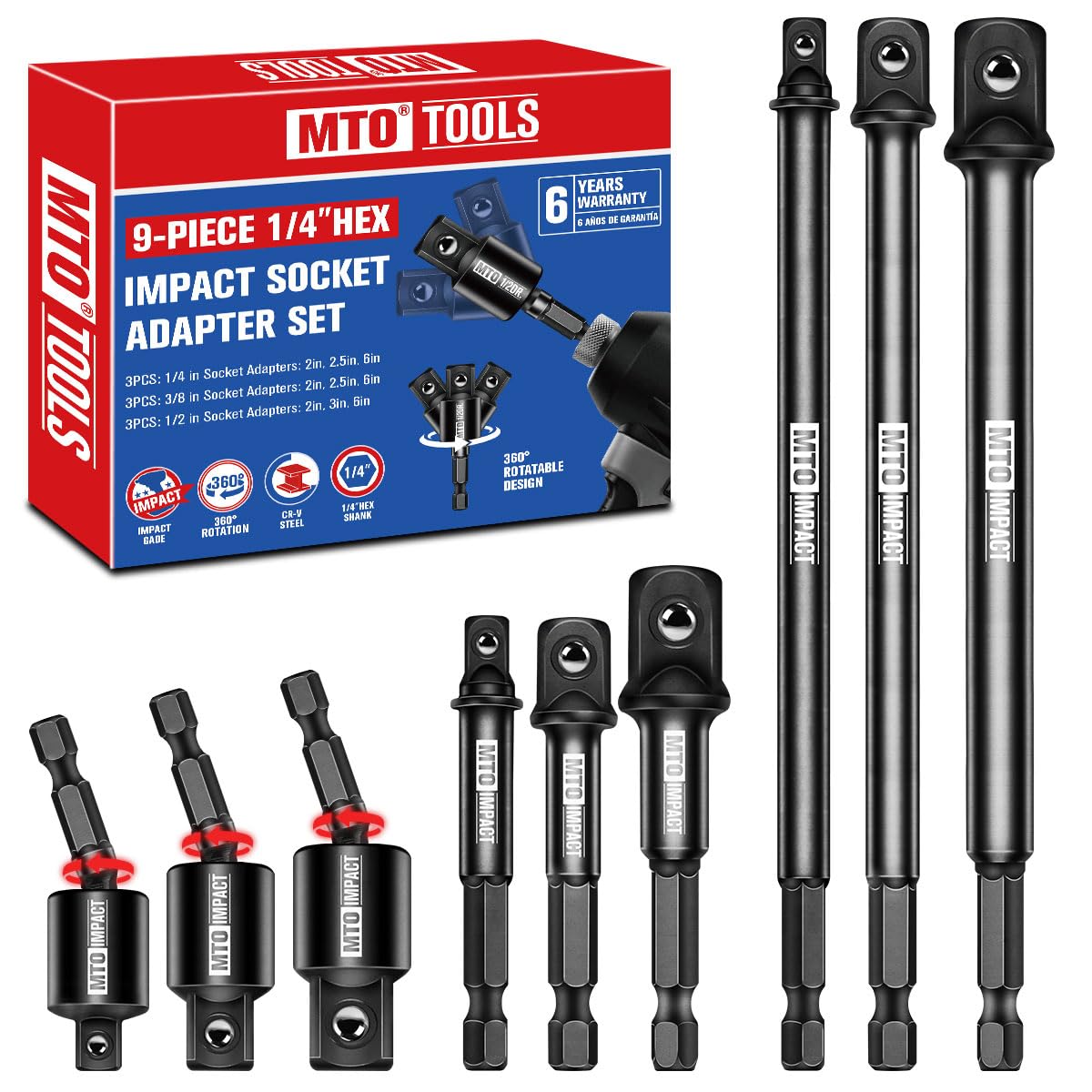 MTO 9PCS impact drill socket adapters with extended reach for hard-to-reach fasteners