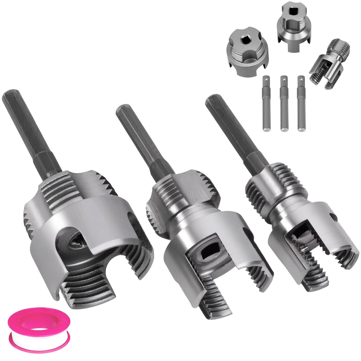 Muaoush PVC threader kit dies for 1/2 in, 3/4 in, and 1 in pipes.