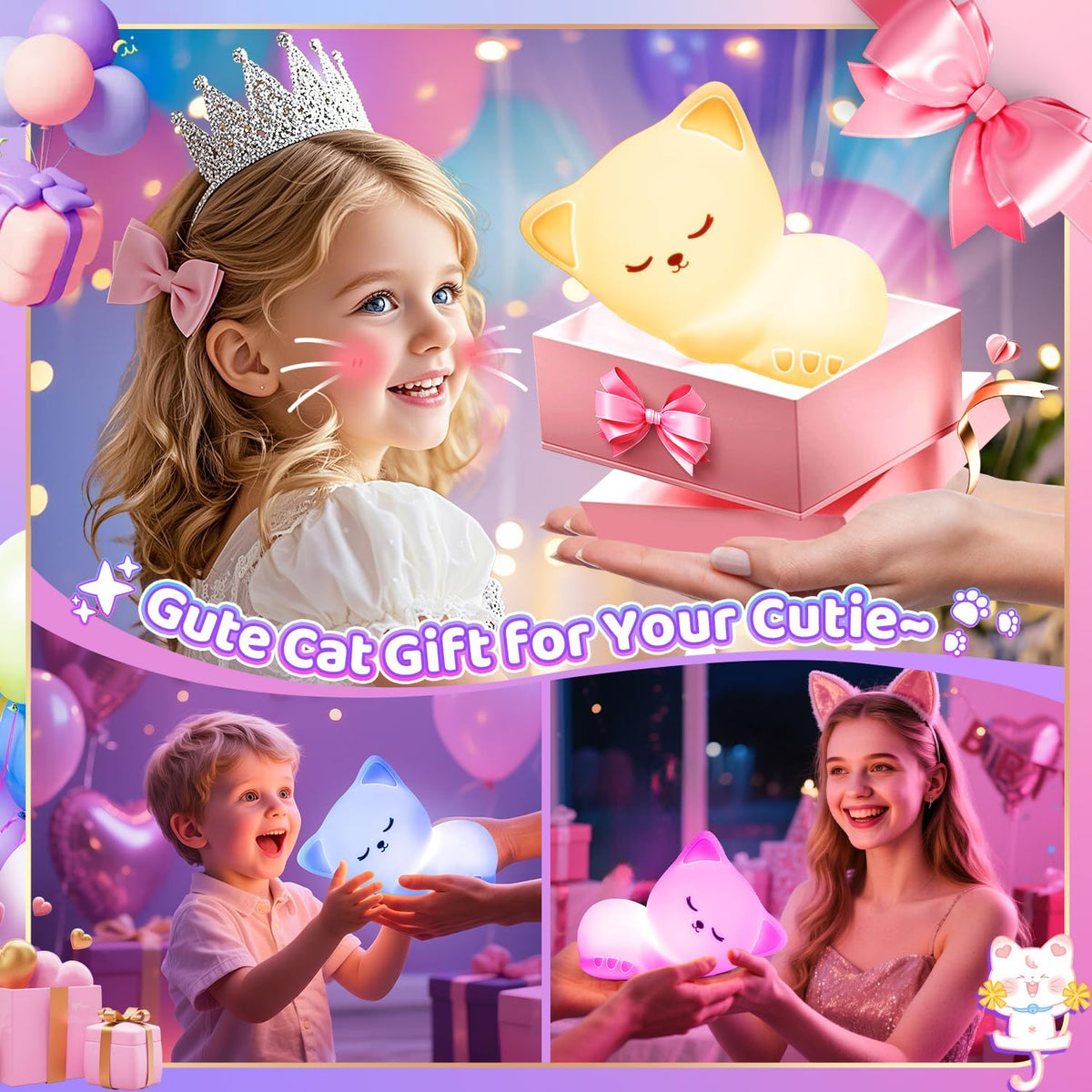 Mubarek Cat Lamp with 16 colors for rainbow mood lighting in kids room.
