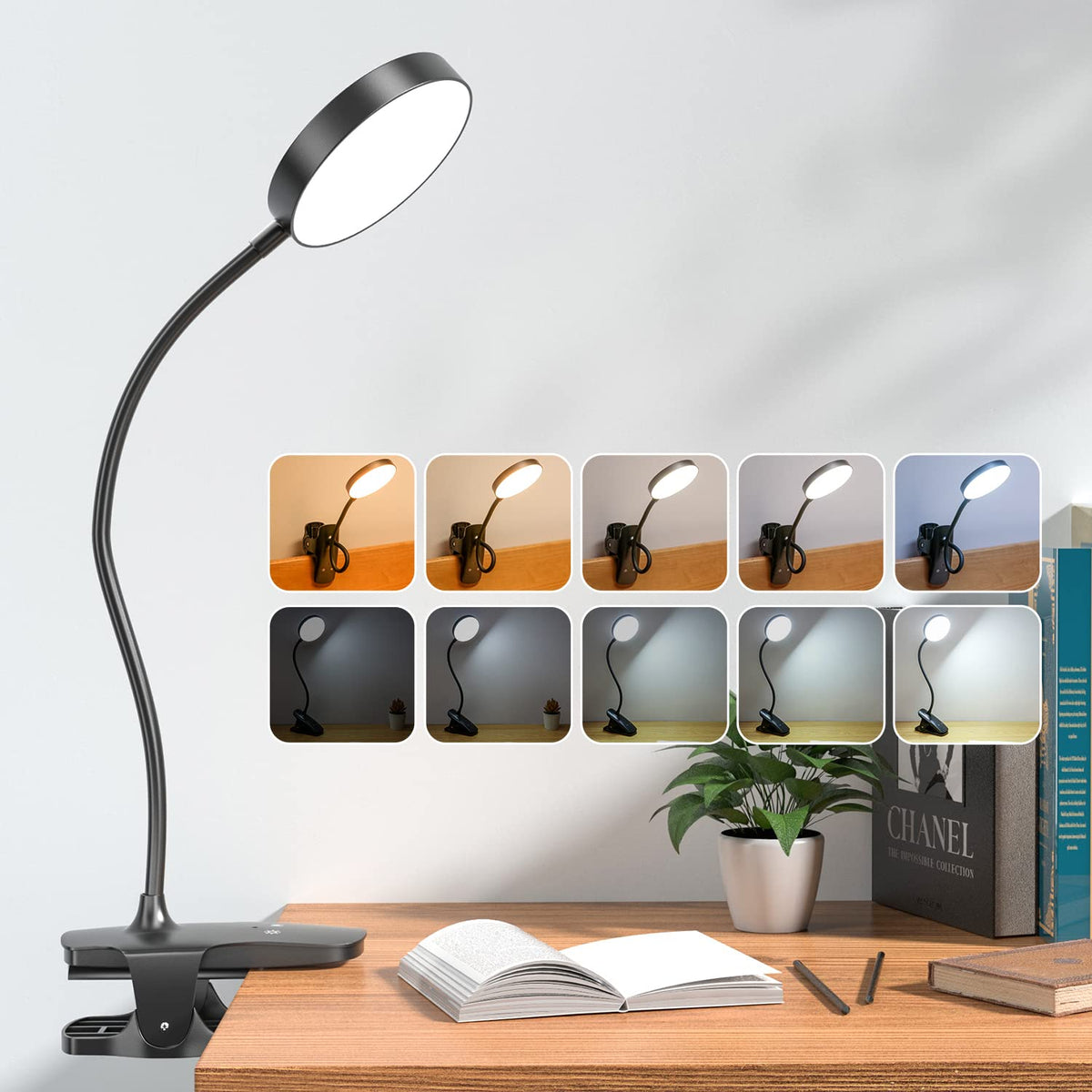 Mubarek Clip On Lamp main view showing compact bedside lighting with adjustable brightness