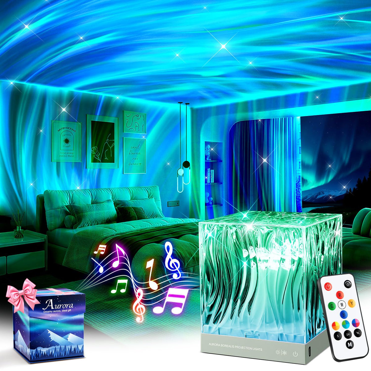 Mubarek northern lights projector on a bedside table creating a soothing sleep atmosphere