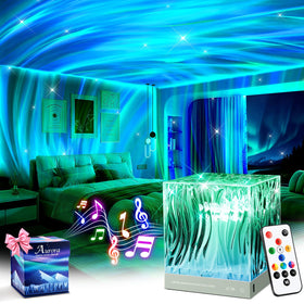 Mubarek northern lights projector on a bedside table creating a soothing sleep atmosphere