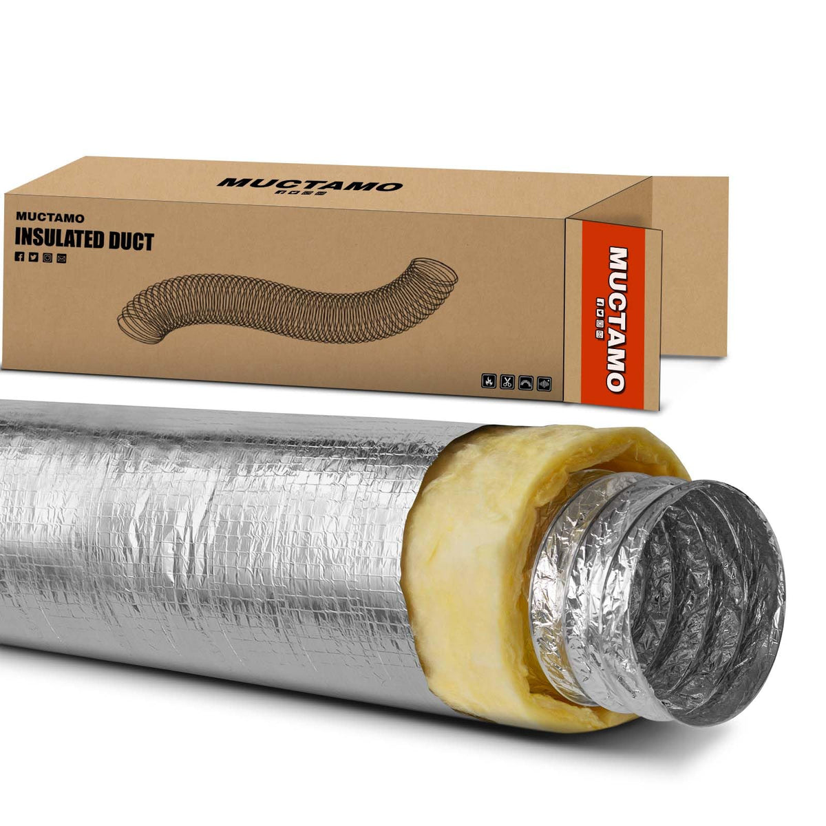 Muctamo 6in x 25ft R4.2 insulated duct in straight section for efficient heating and cooling.
