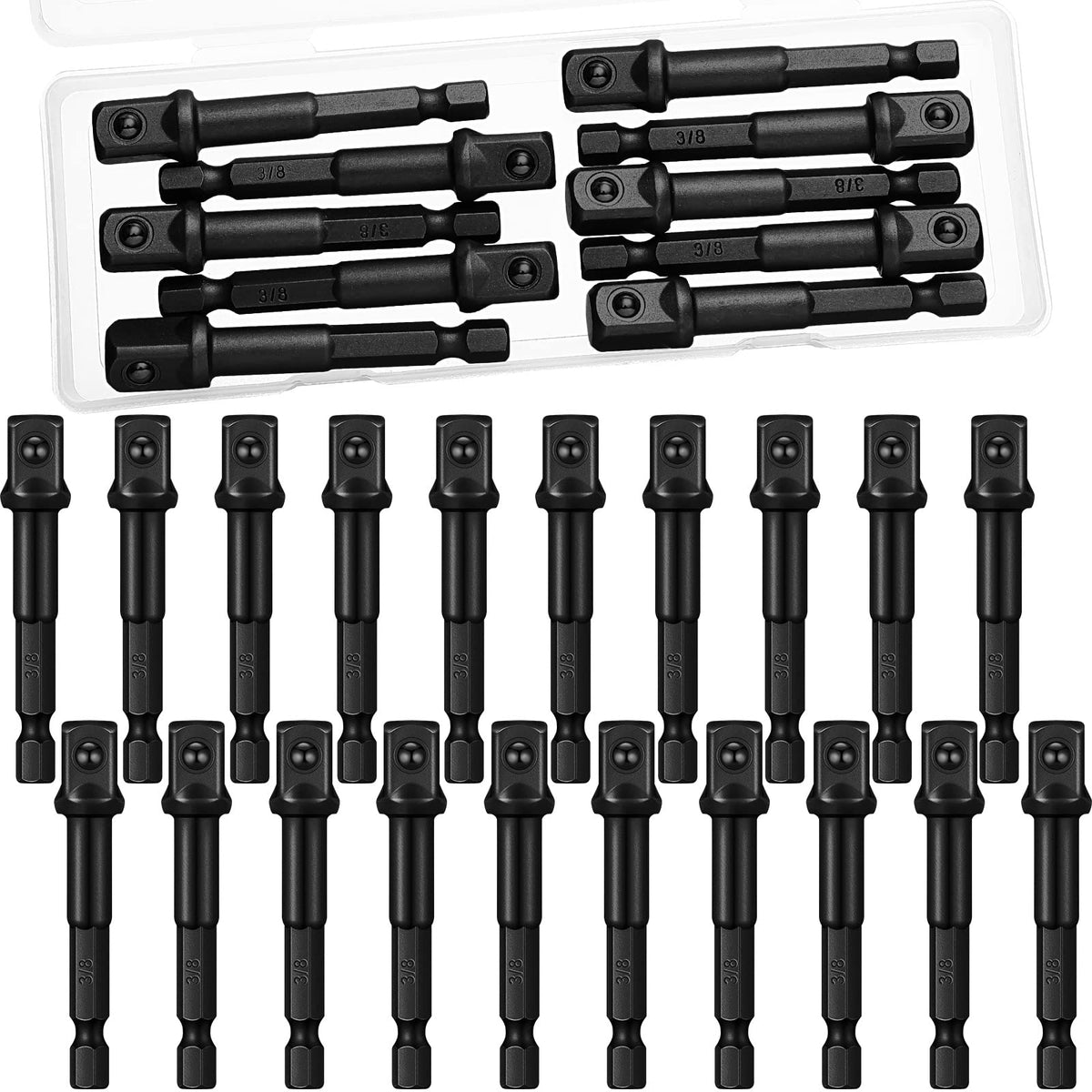 Mudder 20-piece 3/8-inch square socket adapters in a metal tray for versatile DIY tasks