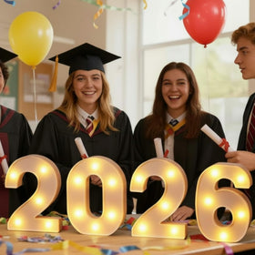 Mudder 2026 lighted number 2 front view, ideal for stylish graduation backdrop