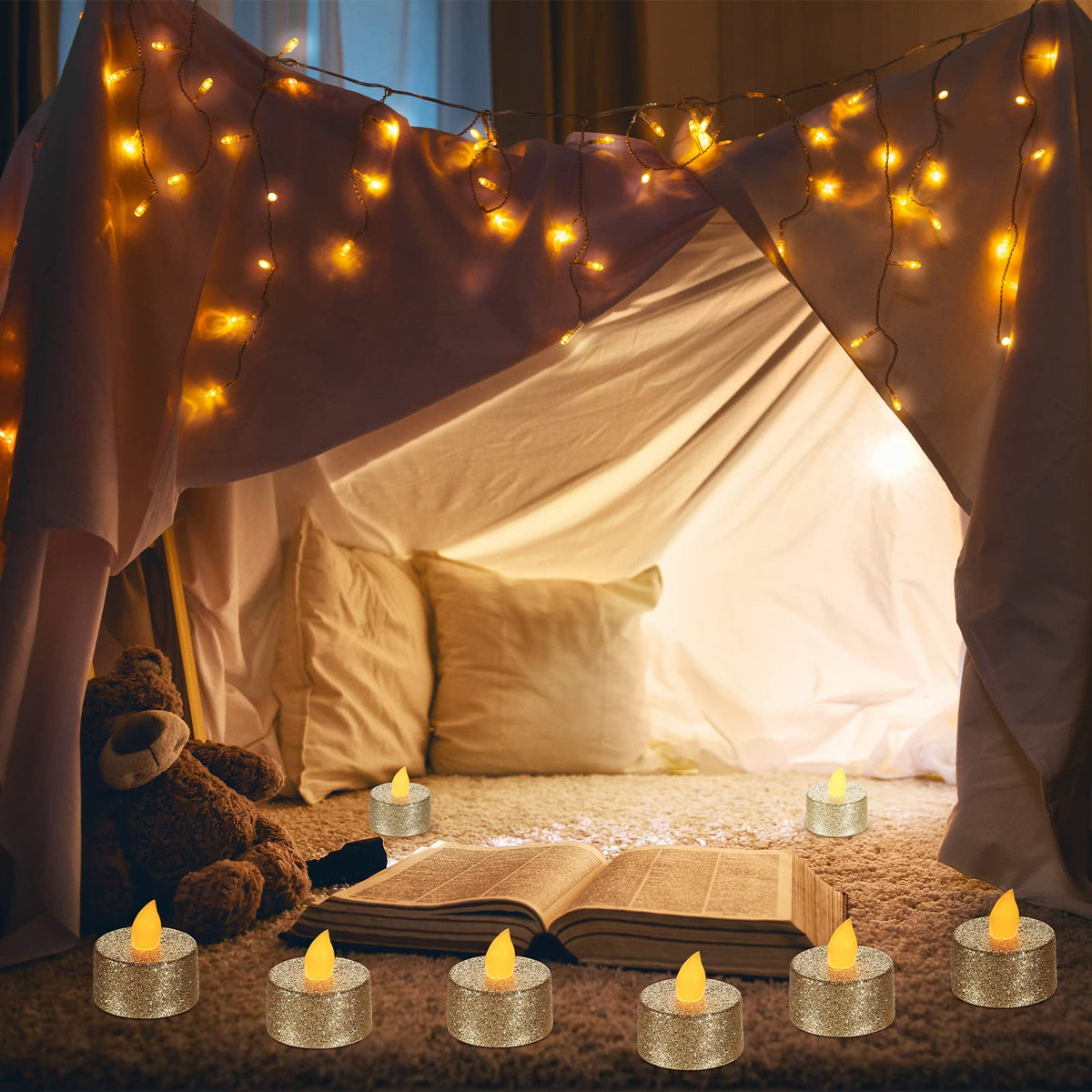 Mudder flameless tealights safe for homes and kids.