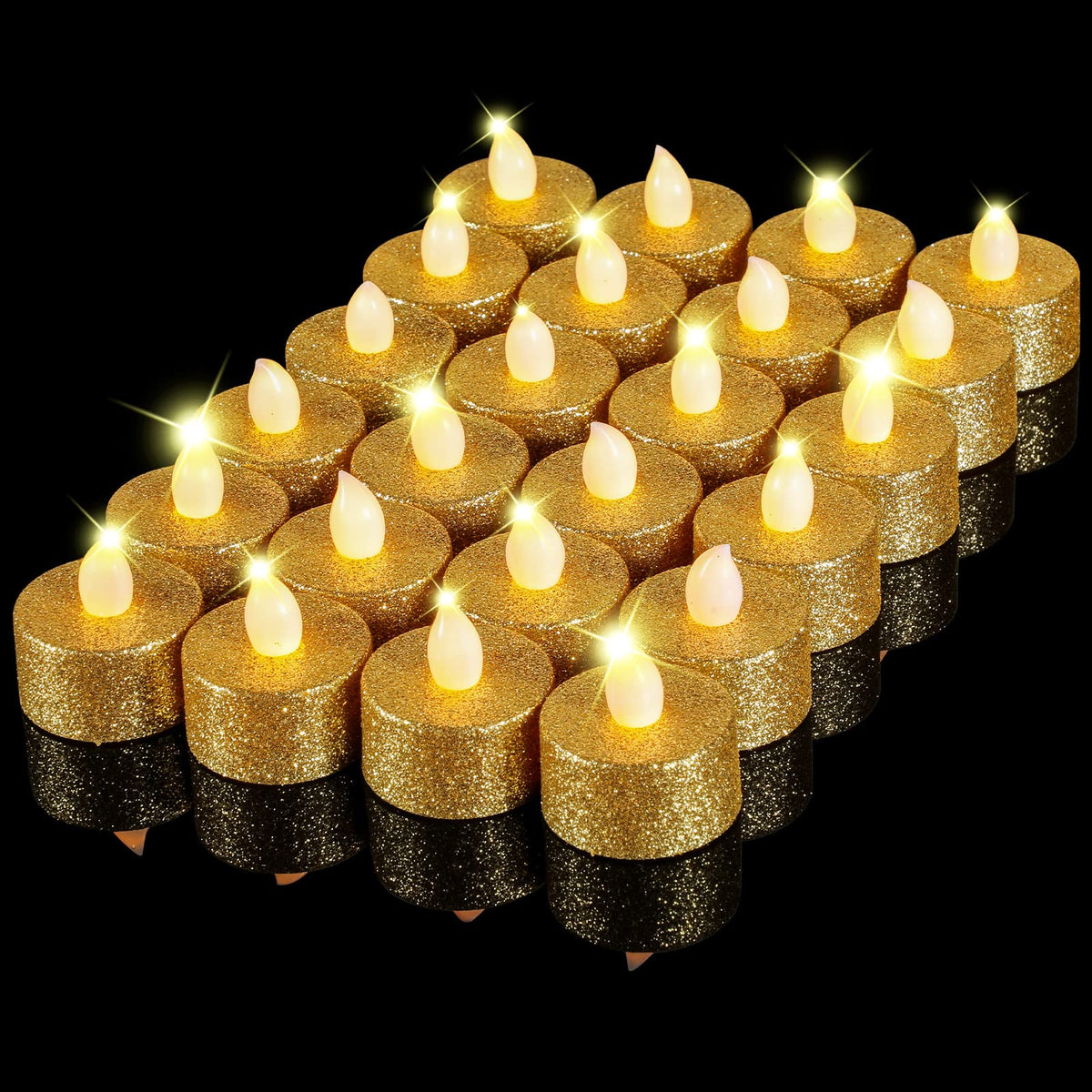 Mudder gold tea lights glitter closeup for elegant table decor.