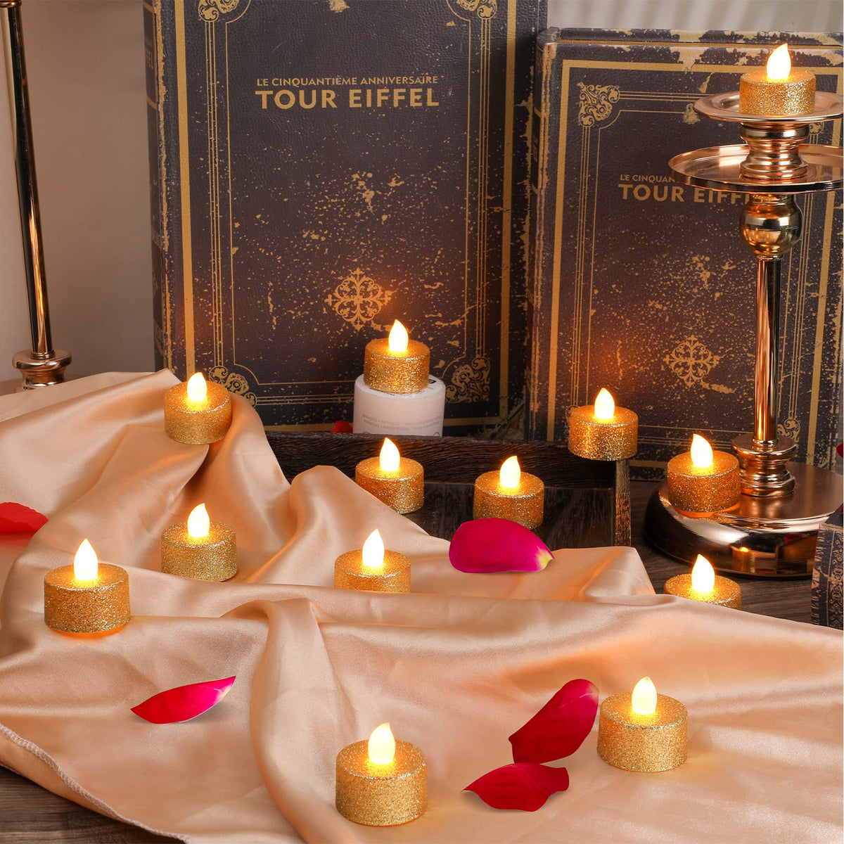 Mudder LED tea light on table emits warm ambiance.