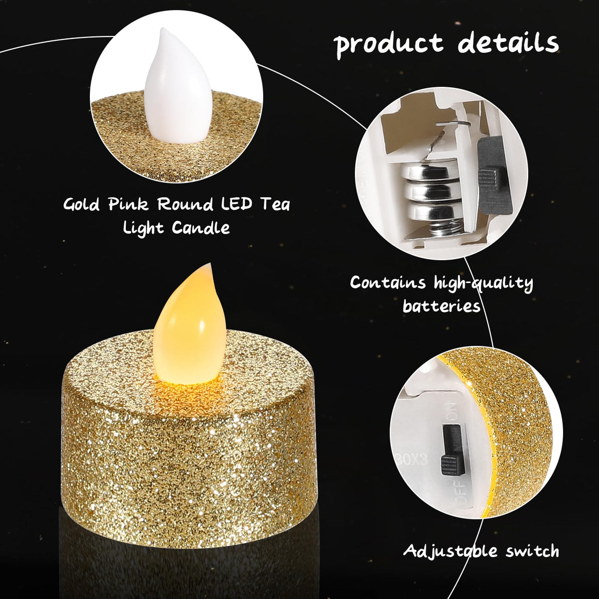 Mudder gold tea light size 1.46 by 1.41 inches.