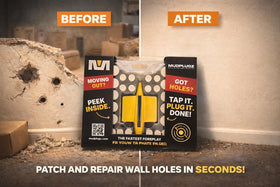 MudPlugz permanent-like repair with flush, bonded drywall plugs.