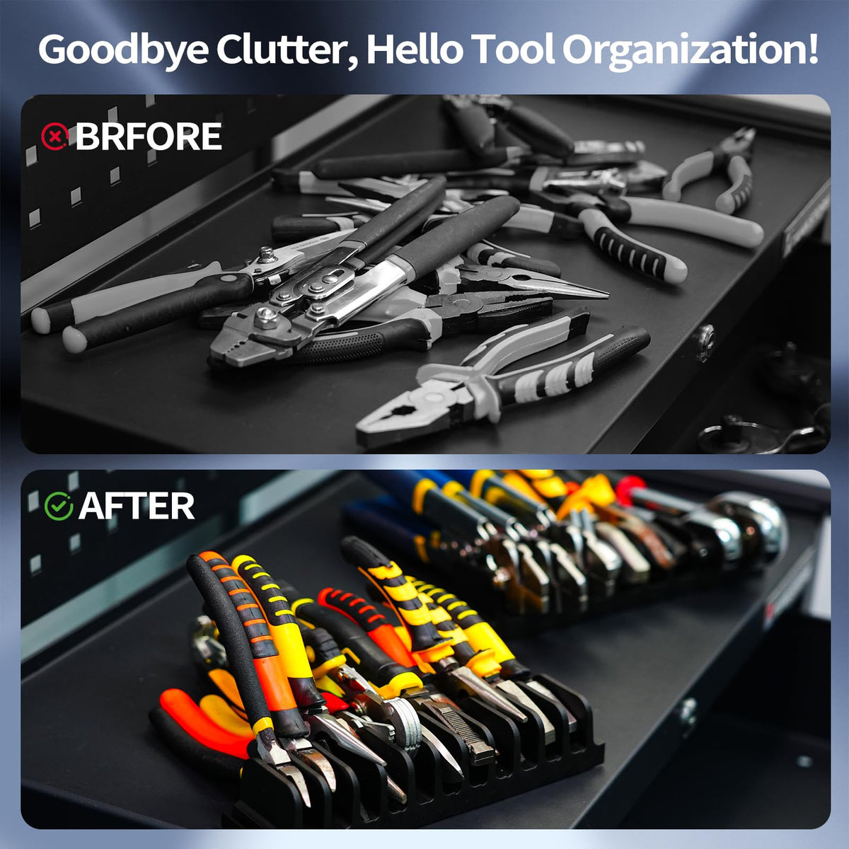 Mudygelay organizer with adjustable slot configuration for pliers and hand tools.