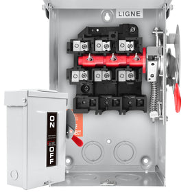 MUJURUR 30A disconnect switch front view with spring-assisted handle for safe operation.