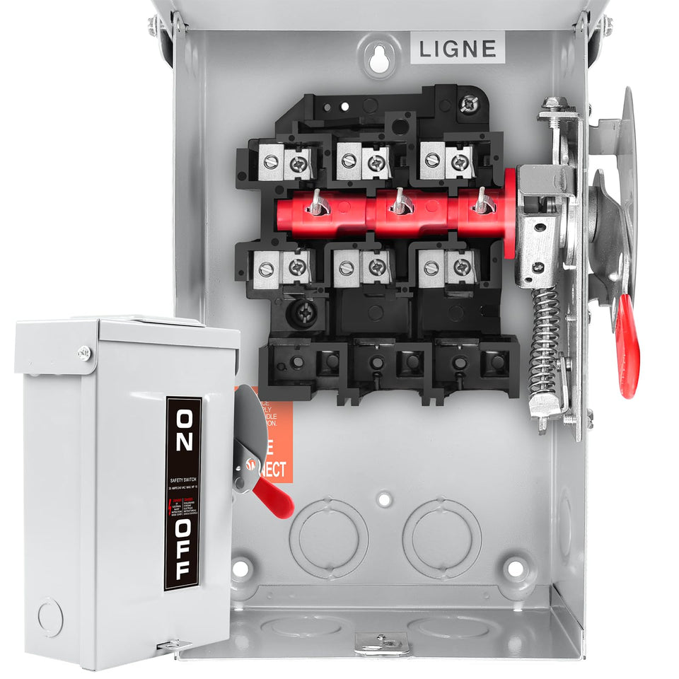 MUJURUR 30A disconnect switch front view with spring-assisted handle for safe operation.