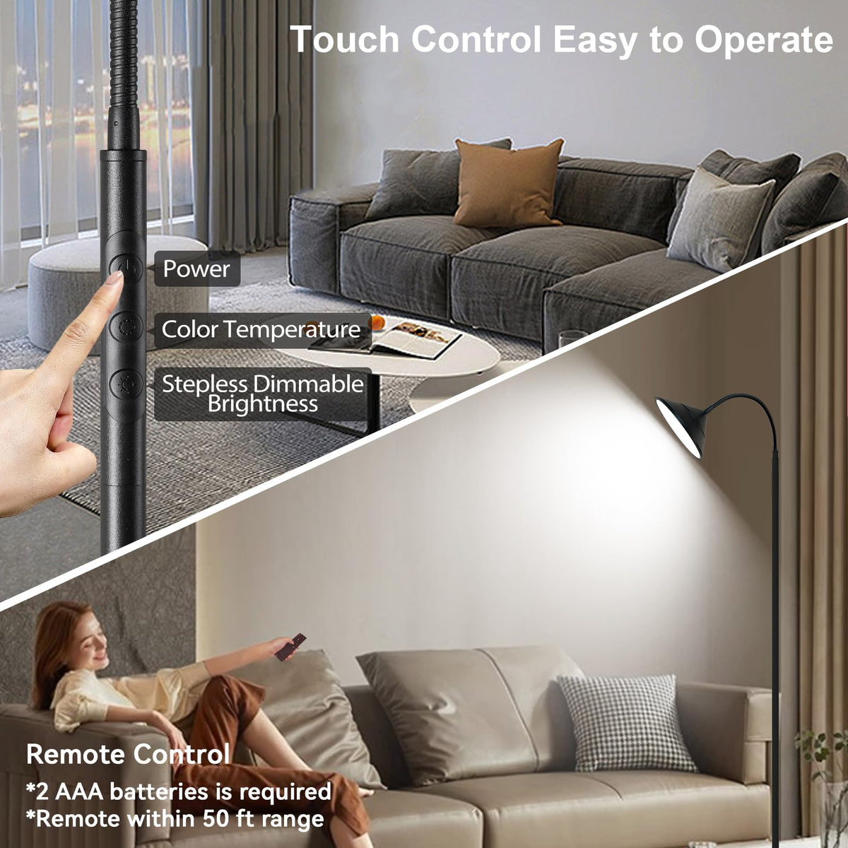 Mukuxin 76in LED floor lamp dimmer enables smooth brightness changes.