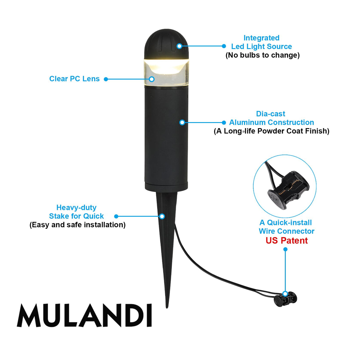 MULANDI bollard light quick-connect cable enabling easy daisy-chaining.